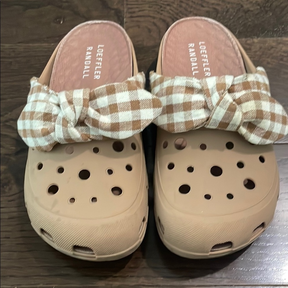 Loeffler Randall Beige Clogs with Checkered Bow